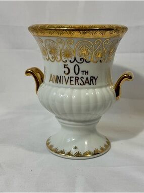 Norcrest Fine China 50th Anniversary Vase Urn Gold Trim Handles Vintage